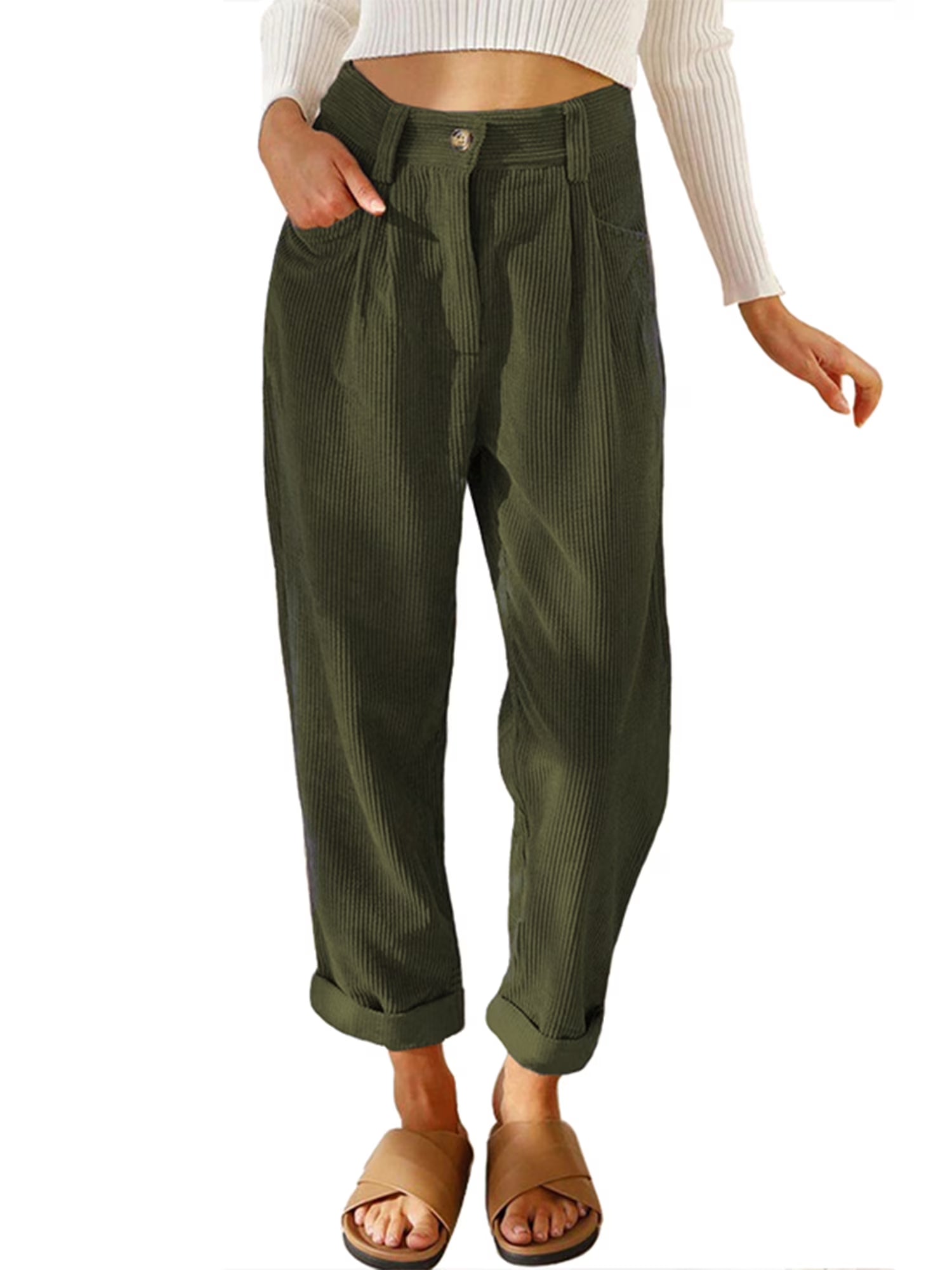 Womens Pants High Waisted Work Corduroy Pants Fall Streetwear Straight Leg Trousers Loose Fit Slacks with Pockets Brown