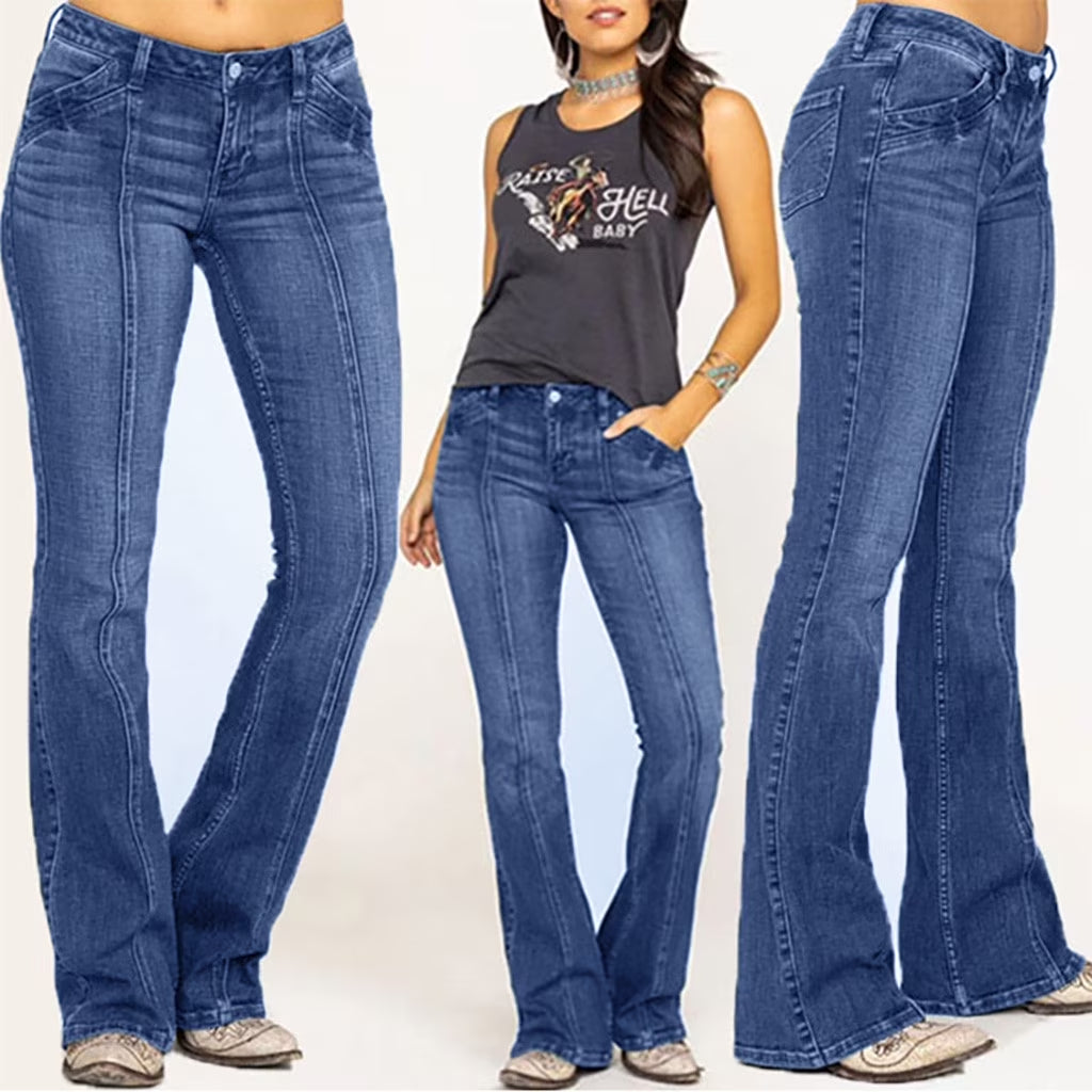 Women's Mid Waisted  Denim Pants Flare Cut Comfy Form Fitting 