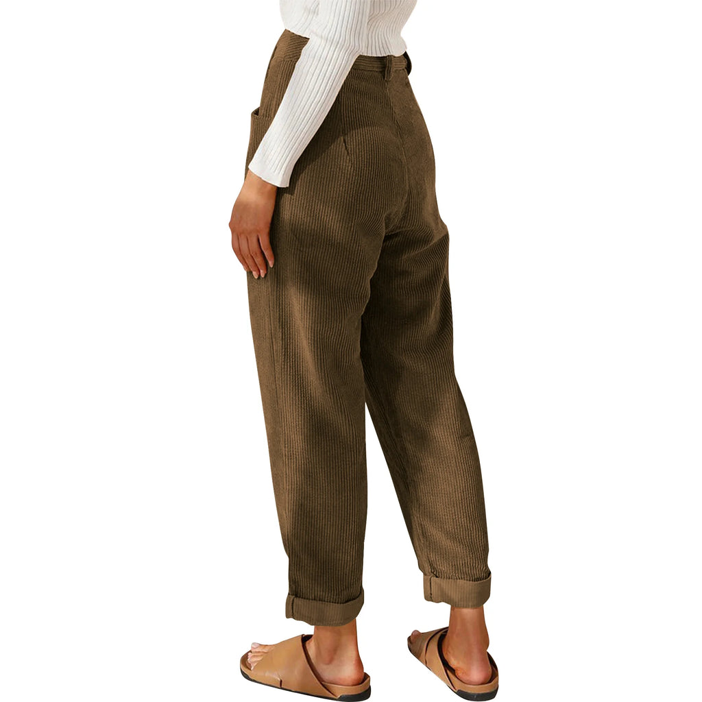 Womens Pants High Waisted Work Corduroy Pants Fall Streetwear Straight Leg Trousers Loose Fit Slacks with Pockets Brown