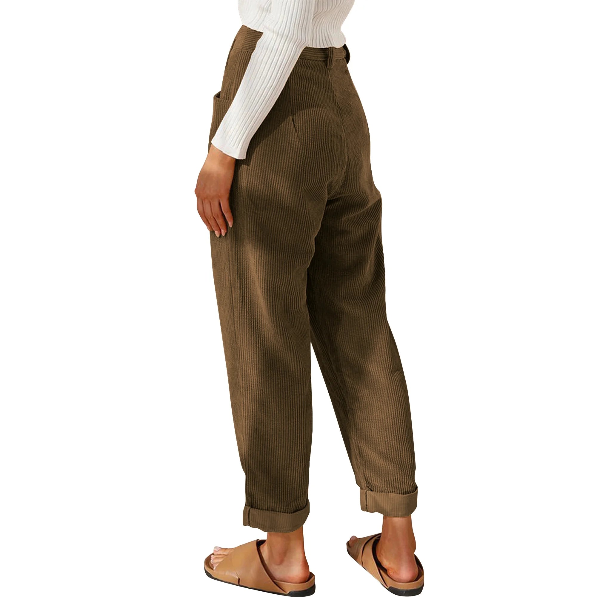 Womens Pants High Waisted Work Corduroy Pants Fall Streetwear Straight Leg Trousers Loose Fit Slacks with Pockets Brown