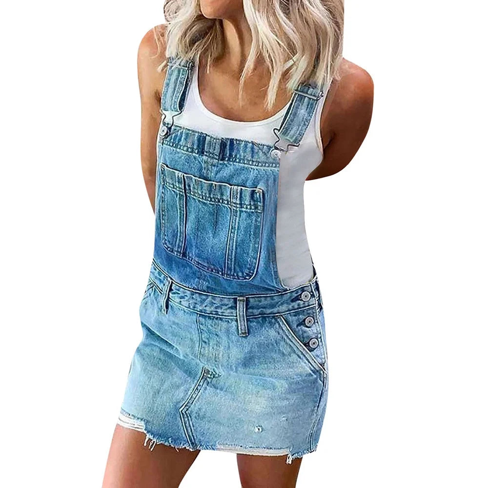 Women'S Cute a Line Kaftan Denim Overall Mini Dress