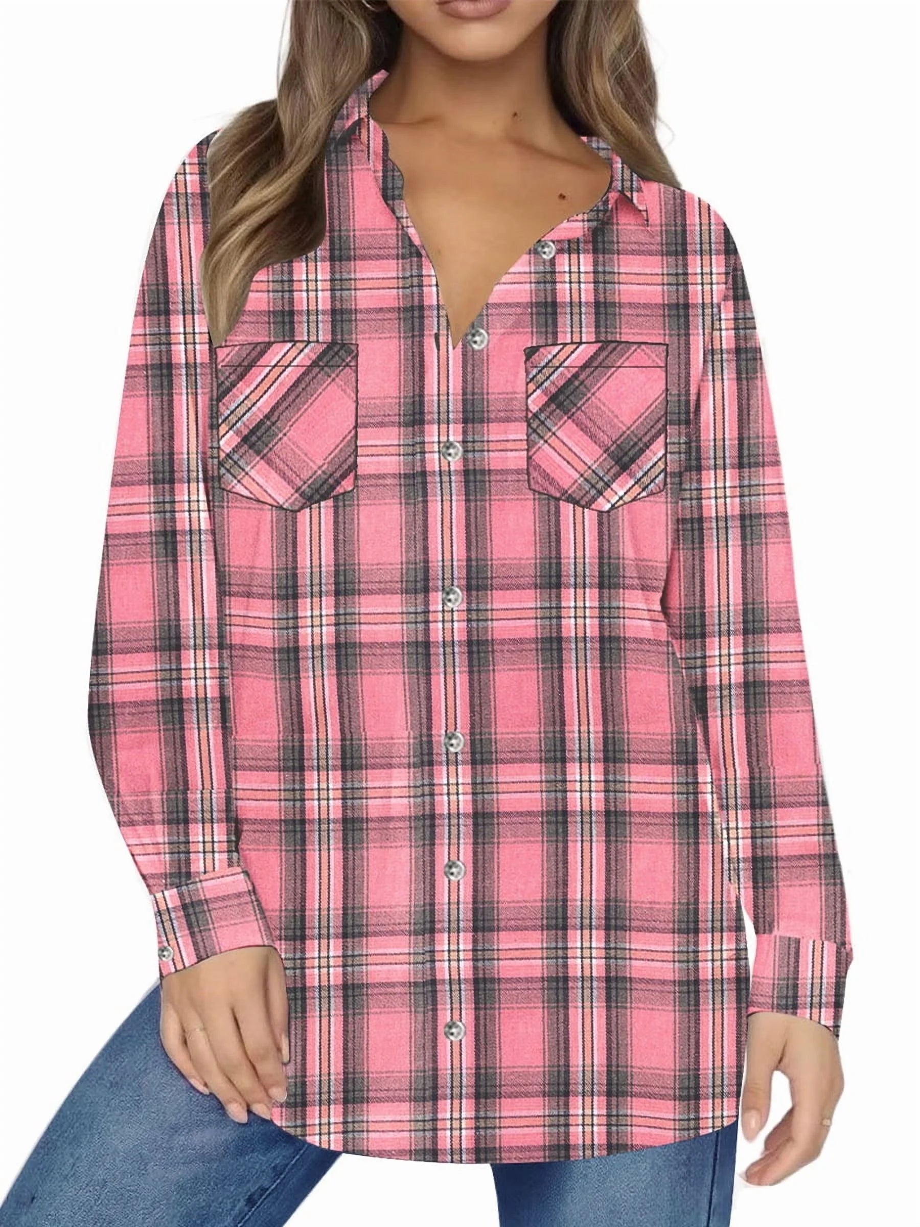Plaid Shirt for Women Oversized Flannel Long Sleeve Shirts Casual Button down Blouse Tops with Pockets