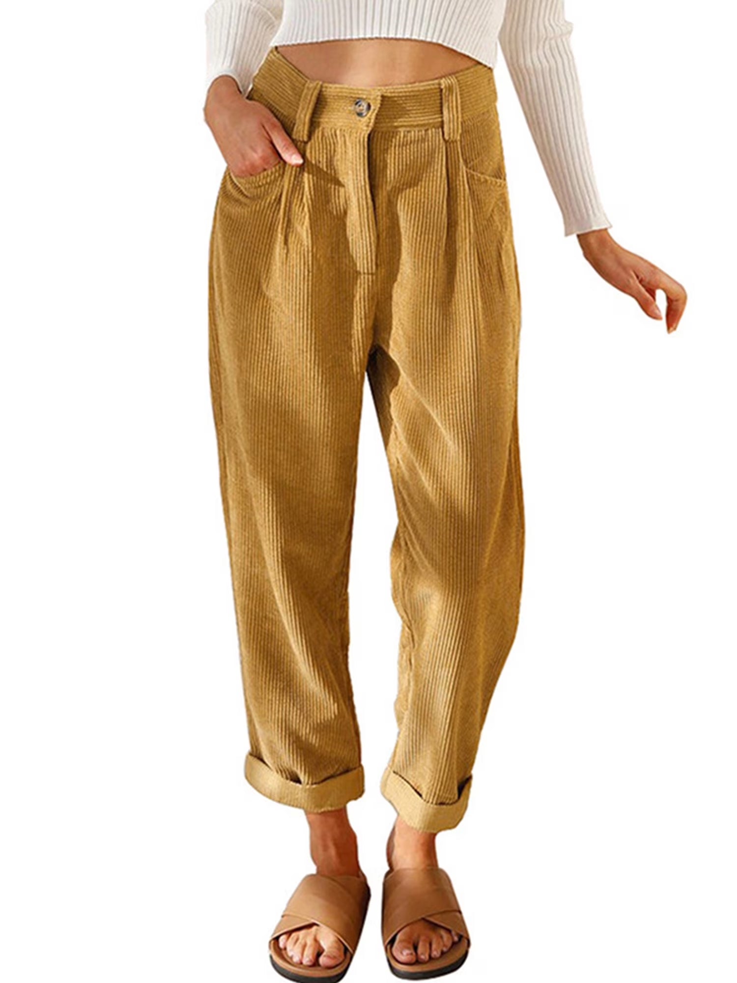 Womens Pants High Waisted Work Corduroy Pants Fall Streetwear Straight Leg Trousers Loose Fit Slacks with Pockets Brown