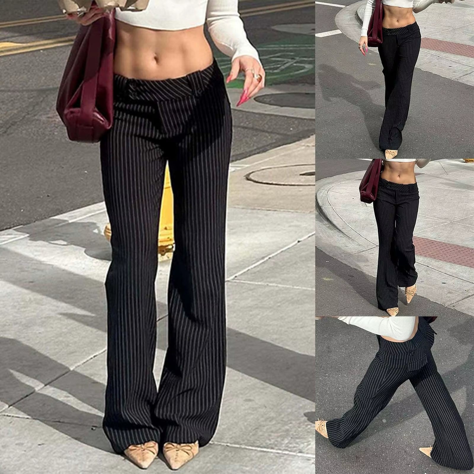 Trousers Striped Slim Fit Fashion Pants Low Rise Form Fitting Street Style