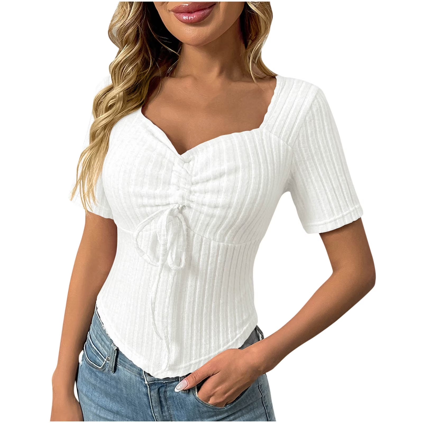 Going Out Tops for Women Drawstring Square Neck Ribbed