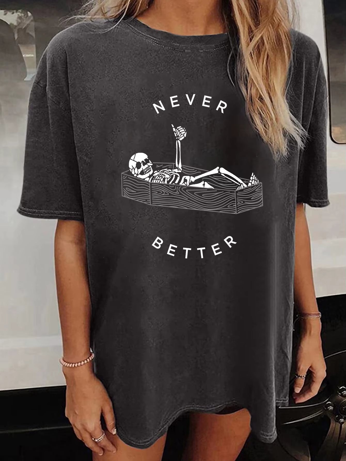 NEVER BETTER Halloween Skeletons Graphic Print Women T Shirt 