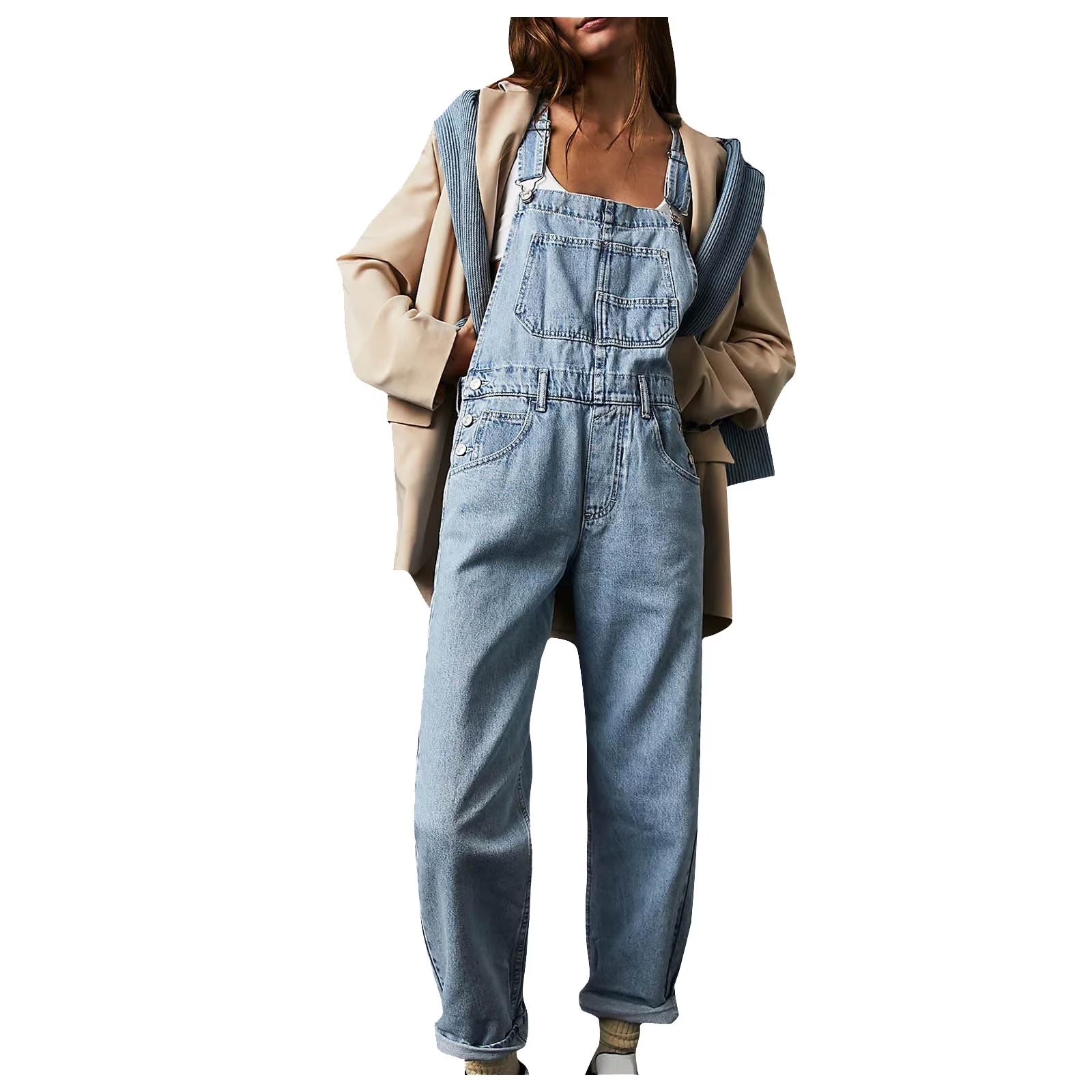 2024 Women'S Overalls Loose Fit Ladies Jeans Summer Solid Color Fashion Baggy Suspenders Button Jumpsuit Casual Sleeveless Wide Long Bib Leg Rompers with Pockets Dark Blue M