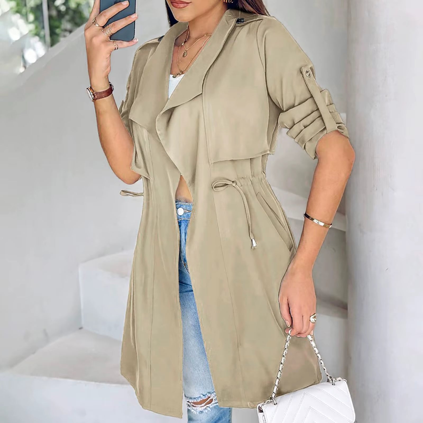 Women'S Autumn Casual Lightweight Jacket Solid Long Sleeve Large Lapel Windbreak Ladies Outerwear Simple Jacket Куртка Женская
