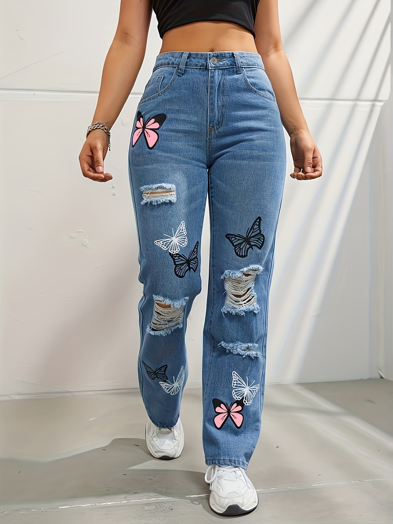 Butterfly Printed High Waisted Jeans