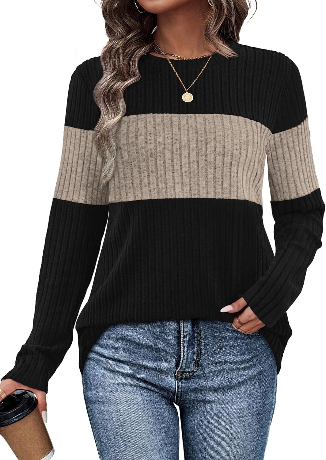 Womens Sweaters Color Block Tops 