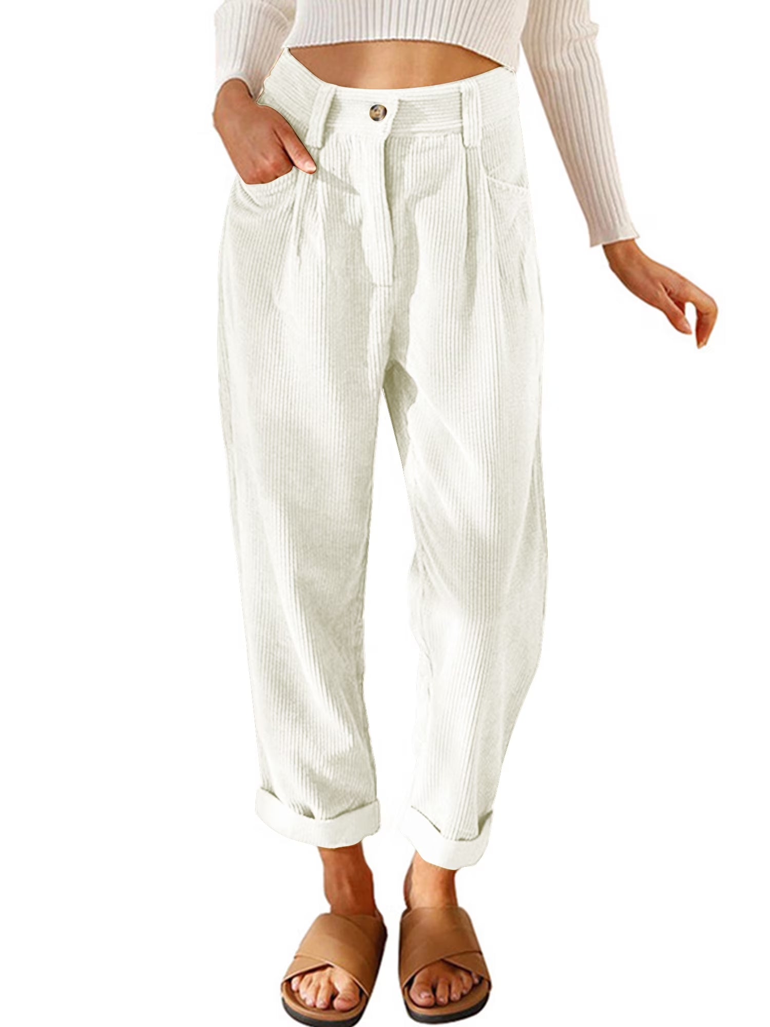 Womens Pants High Waisted Work Corduroy Pants Fall Streetwear Straight Leg Trousers Loose Fit Slacks with Pockets Brown