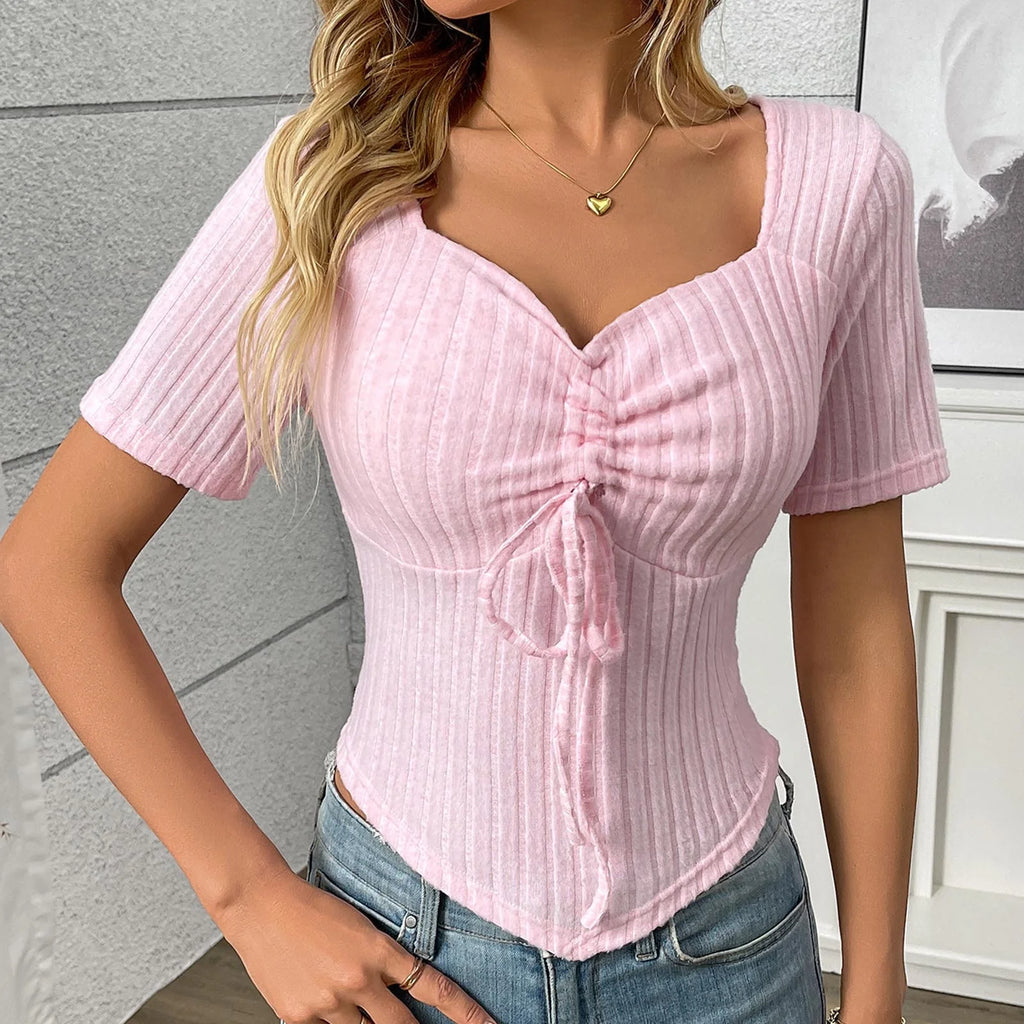 Going Out Tops for Women Drawstring Square Neck Ribbed