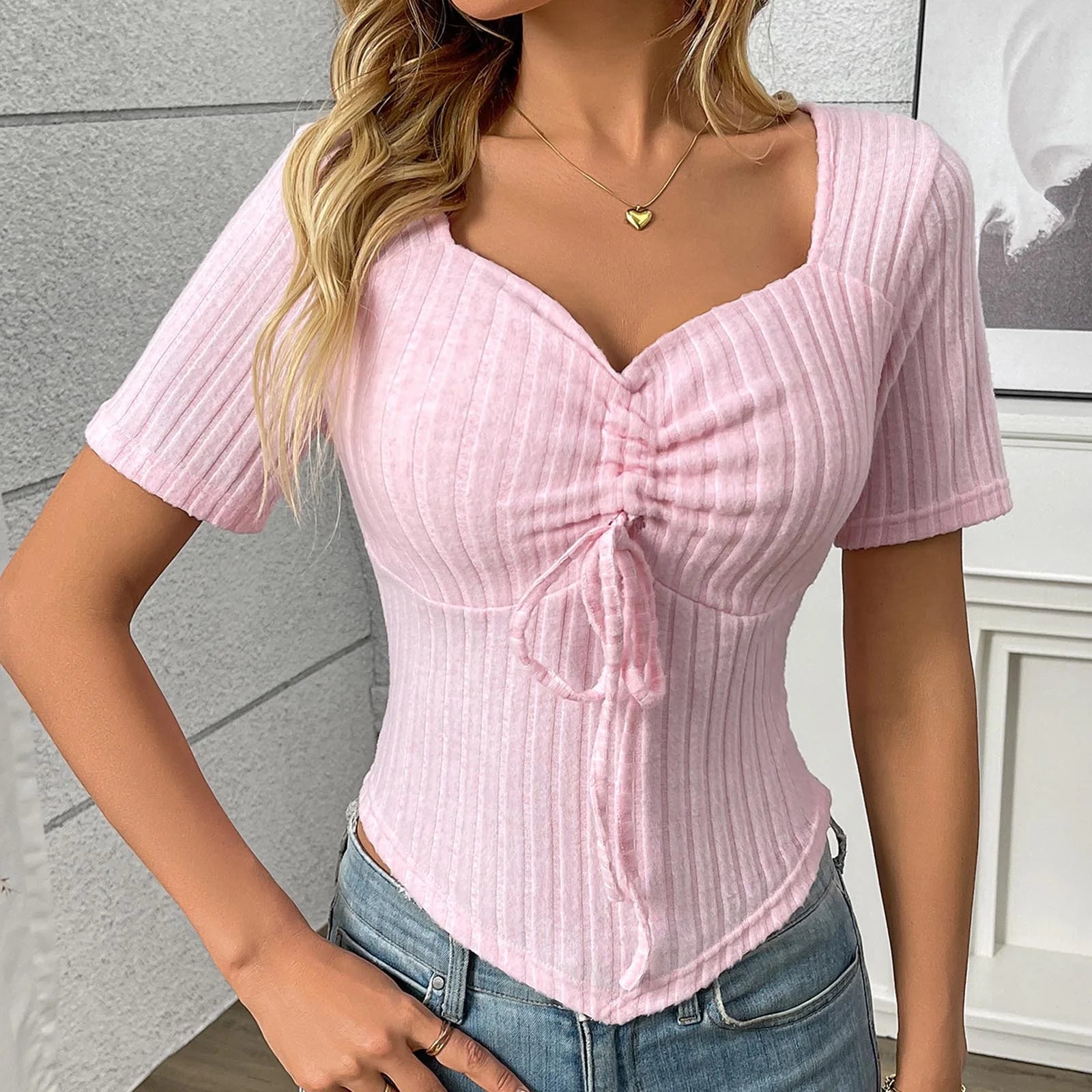 Going Out Tops for Women Drawstring Square Neck Ribbed